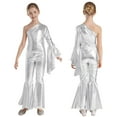 thumbnail image 1 of Aislor Kids Girls Sparkle One Shoulder Long Sleeve Wide Leg Romper Flare Bell Bottom Playsuit Gymnastics Jumpsuit Silver 16, 1 of 7