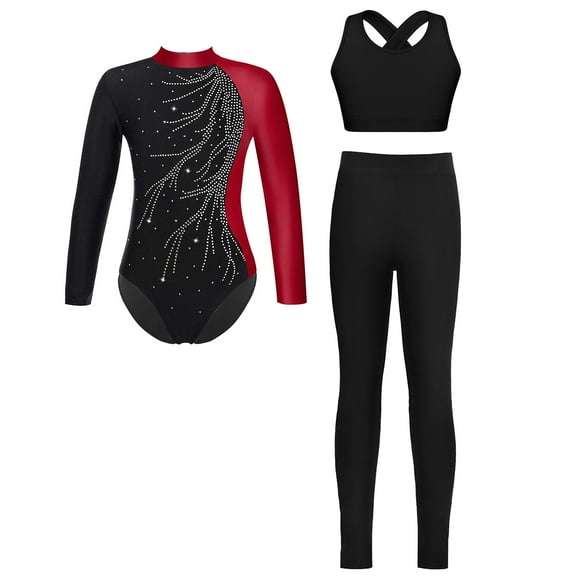 Aislor Kids Girls Sparkly Gymnastics Athletic Long Sleeve Ballet Dance Leotard Vest with Leggings Pants Burgundy 6