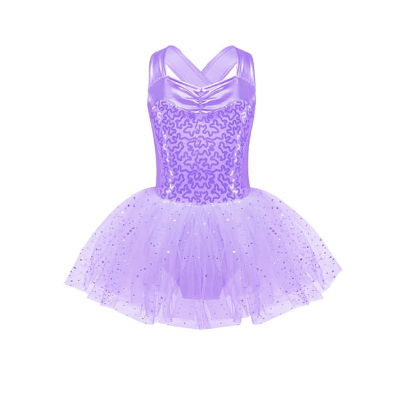 Aislor Kids Girls Sparkly Sequin Sleeveless Leotard Dance Dress Crisscross Back Mesh Skirt 6-16 Purple 6