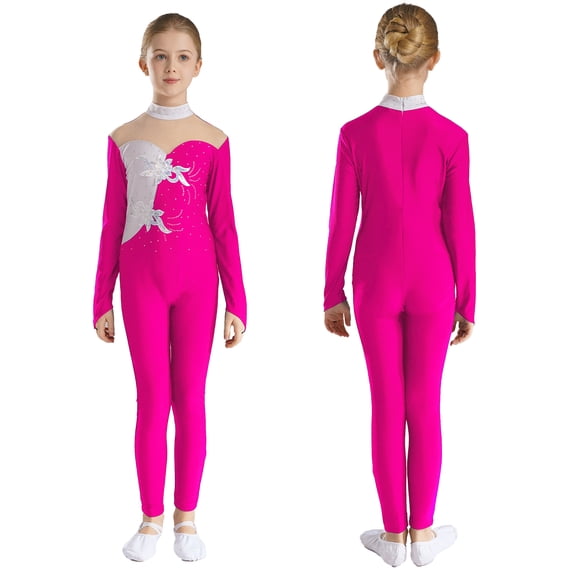 Aislor Kids Girls Sparkly Sequined Applique Rhinestone Unitard Long Sleeve Jumpsuit Gymnastics A Hot Pink 10