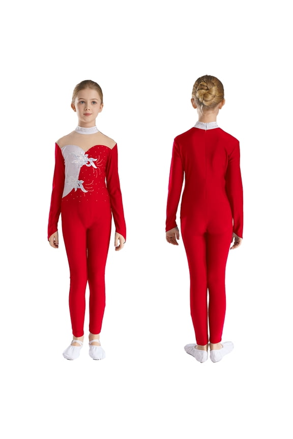 Kids Girls Sparkly Sequined Applique Rhinestone Unitard Long Sleeve Jumpsuit Gymnastics Burgundy 8