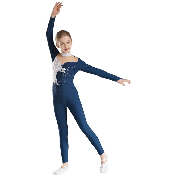 Aislor Kids Girls Sparkly Sequined Applique Rhinestone Unitard Long Sleeve Jumpsuit Gymnastics Navy Blue 8