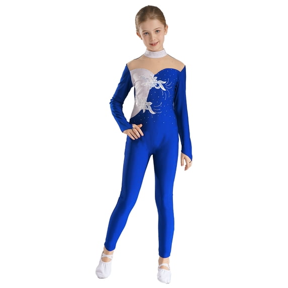 Aislor Kids Girls Sparkly Sequined Applique Rhinestone Unitard Long Sleeve Jumpsuit Gymnastics Royal Blue 10