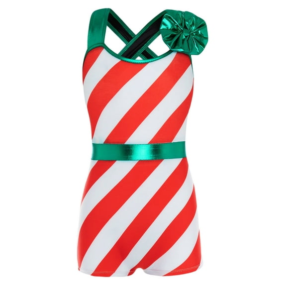 Aislor Kids Girls Striped Jumpsuit Candy Cane Christmas Leotard Ballet Gymnastics Bodysuit Dance A Red 8