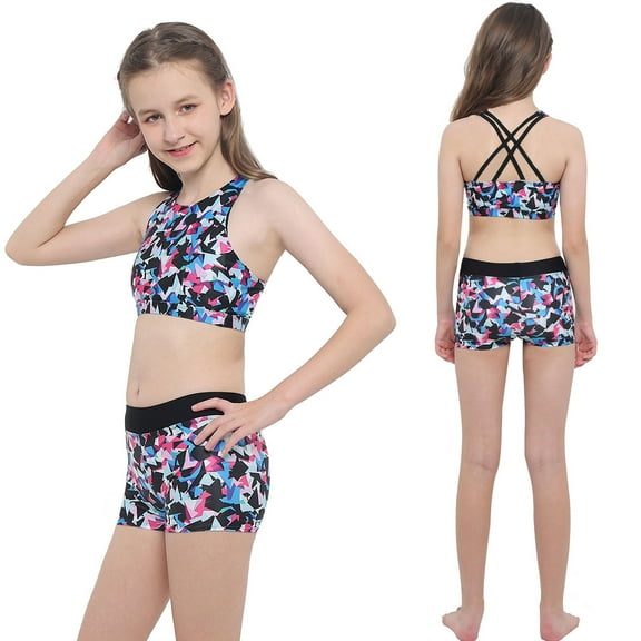 Aislor Kids Girls Swimsuit Racer Back Crop Top with Booty Shorts Bottoms 2 Piece Dance Gym Sport Outfits Size 4-14 Colorful 10