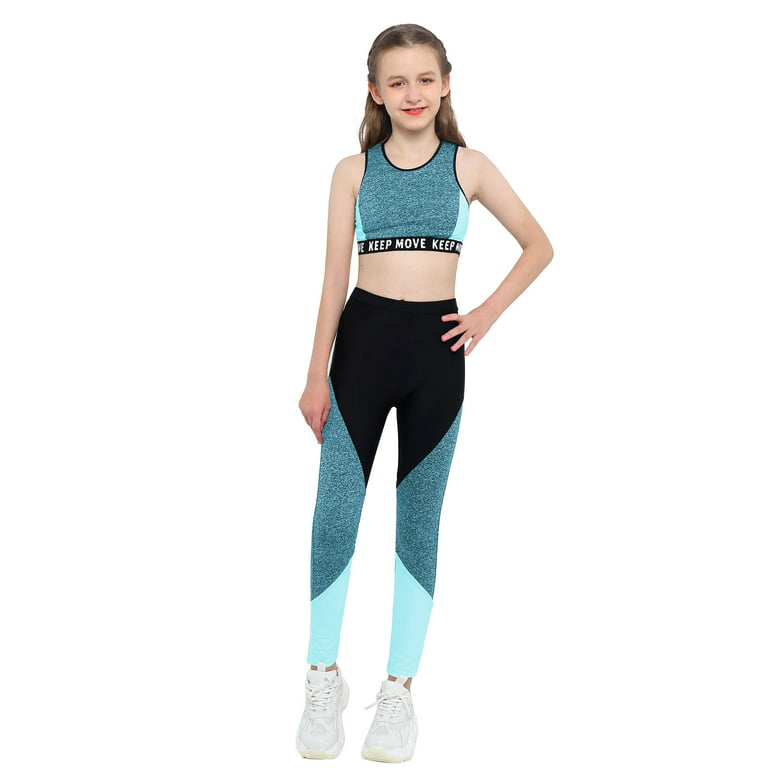 Aislor Kids Girls Two Piece Athletic Outfit Sports Bra Crop Top with Yoga  Leggings Gymnastics Dance Set Size 4-16 A Blue 14