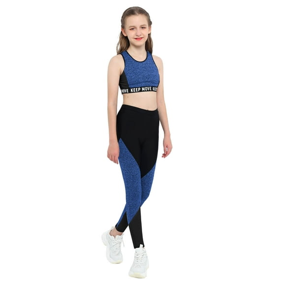Aislor Kids Girls Two Piece Athletic Outfit Sports Bra Crop Top with Yoga Leggings Gymnastics Dance Set Size 4-16 Blue Black 14