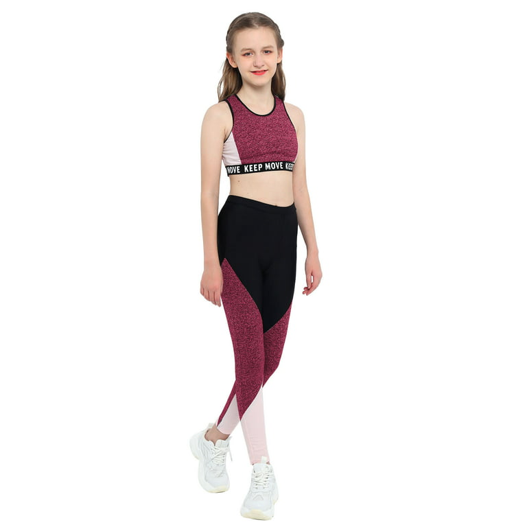 Aislor Kids Girls Two Piece Athletic Outfit Sports Bra Crop Top with Yoga  Leggings Gymnastics Dance Set Size 4-16 Red 8 