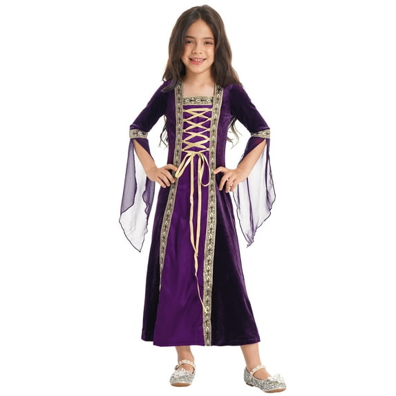 Aislor Kids Girls Vintage Renaissance Medieval Costume Velvet Princess Maxi Dress 4-16 A Purple 16