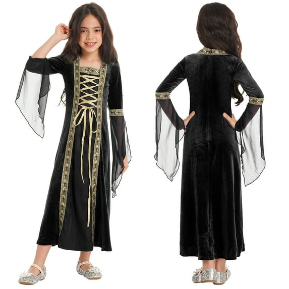 Aislor Kids Girls Vintage Renaissance Medieval Costume Velvet Princess Maxi Dress 4-16 Black 4