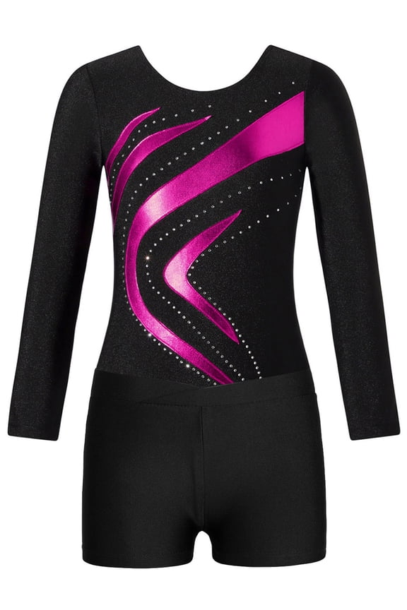 Kids Gymnastics Leotards Outfits Sparkly Ballet Bodysuit with Shorts Athletic Dance Set Size 4-14 Hot Pink 8
