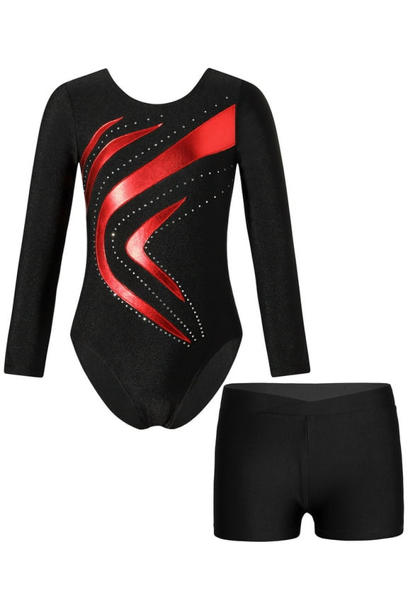 Kids Gymnastics Leotards Outfits Sparkly Ballet Bodysuit with Shorts Athletic Dance Set Size 4-14 Red 8