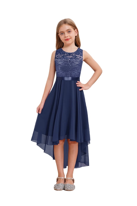 Kids Junior Teen Girl's Sleeveless Bridesmaid High Low Hem Formal Wedding Dress Navy Blue 6