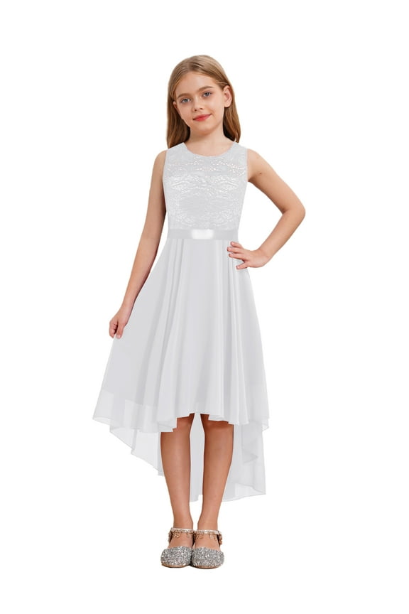 Kids Junior Teen Girl's Sleeveless Bridesmaid High Low Hem Formal Wedding Dress White 6