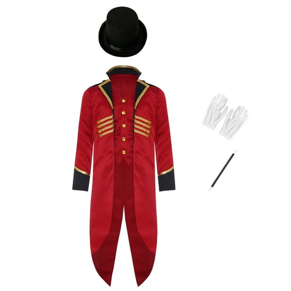 Aislor Kids Ringmaster Circus Cosplay Costume Medieval Tailcoat with Hat Gloves Magician Wand Burgundy 8