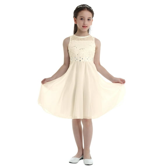Aislor Kids Sleeveless Princess Lace Wedding Bridesmaid Rhinestone Chiffon Flower Girls Dress Elegant Gown Beige 8