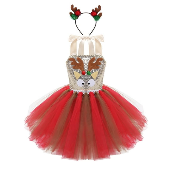 Aislor Kids Toddler Girls Sequins Christmas Santa Reindeer Tutu Dress with Hair Hoop Cosplay