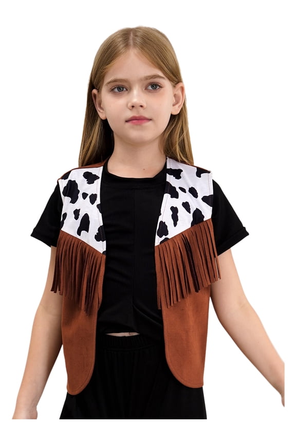 Kids Western Rodeo Cowboy Vest Halloween Sleeveless Cow Pattern Fringe Dressy Waistcoat Brown 14