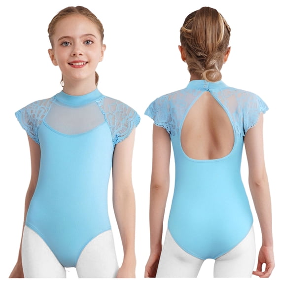 Aislor Leotard for Girls Lace Sleeves Ballet Dance Bodysuit Classic Practice Clothes Training Activewear Light Blue 130