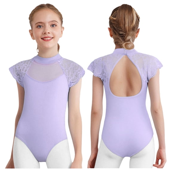 Aislor Leotard for Girls Lace Sleeves Ballet Dance Bodysuit Classic Practice Clothes Training Activewear Light Purple 130