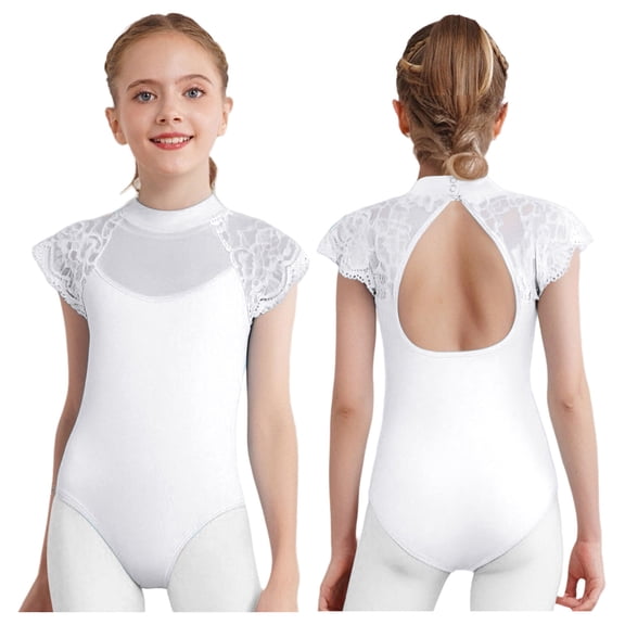 Aislor Leotard for Girls Lace Sleeves Ballet Dance Bodysuit Classic Practice Clothes Training Activewear White 130