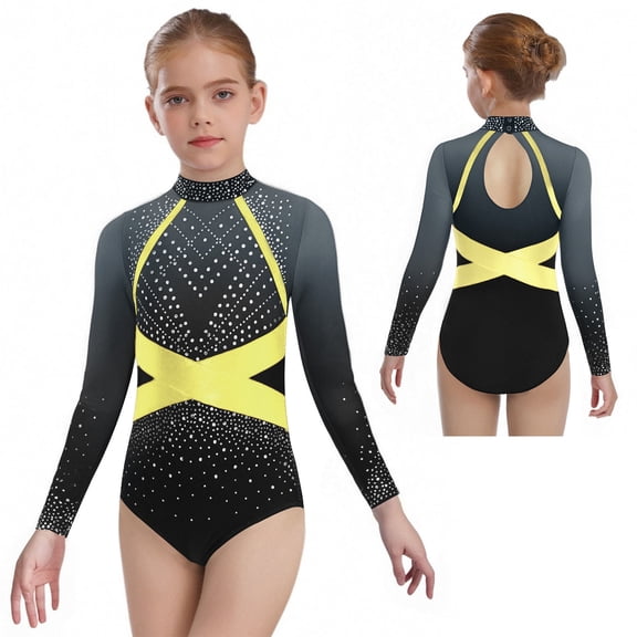 Aislor Leotards for Girls Gymnastics Ballet Dance One Piece Shiny Rhinestones Long Sleeve Bodysuit Activewear Gray 10