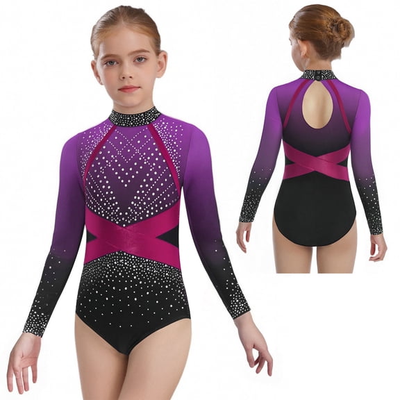 Aislor Leotards for Girls Gymnastics Ballet Dance One Piece Shiny Rhinestones Long Sleeve Bodysuit Activewear Purple 8