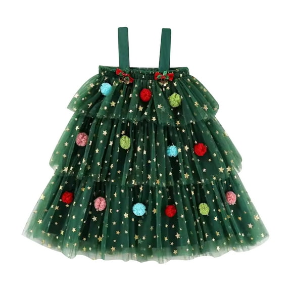 Aislor Little Girls Christmas Cami Dress Layered Tulle Tutu Dress Glitter Stars Decor Xmas Tree Green 80