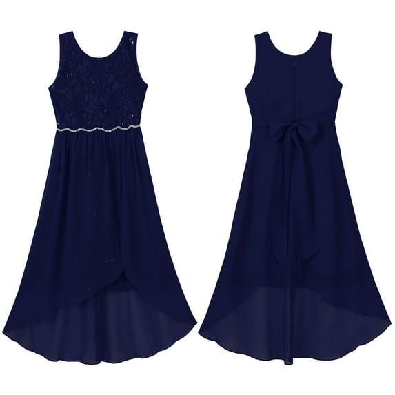 Aislor Little Girls High Low Lace Wedding Bridesmaid Pageant Party Chiffon Formal Dress 6-16 Navy Blue 14