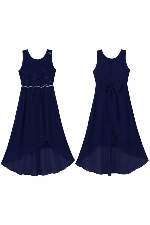Little Girls High Low Lace Wedding Bridesmaid Pageant Party Chiffon Formal Dress 6-16 Navy Blue 16
