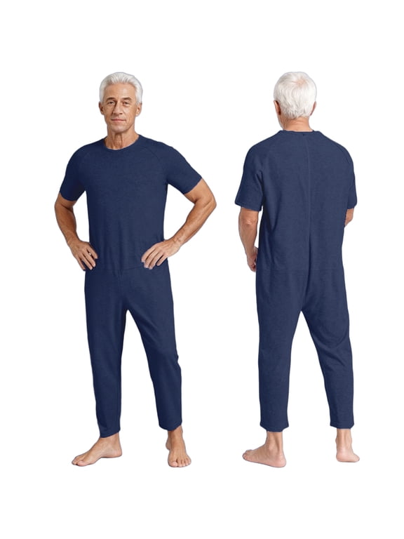 Men Adaptive Clothes Anti-Strip Jumpsuit with Back-Zipper for Dementia Elderly and Special Needs Dark Blue XL