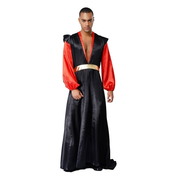 Aislor Men Arabian Villain Cosplay Long Lantern Sleeves Robe with Removable Cape for Halloween Theme Party Black M