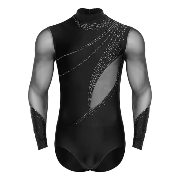 Aislor Men Ballroom Dance Jazz Chacha Shiny Rhinestones Latin Dance Shirt Ballet Leotard Black L