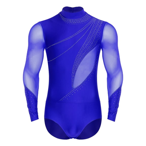 Aislor Men Ballroom Dance Jazz Chacha Shiny Rhinestones Latin Dance Shirt Ballet Leotard Royal Blue 3XL
