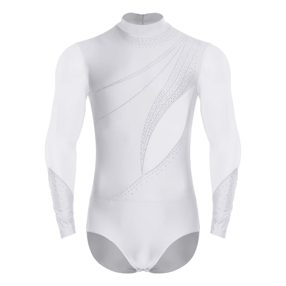 Aislor Men Ballroom Dance Jazz Chacha Shiny Rhinestones Latin Dance Shirt Ballet Leotard White M