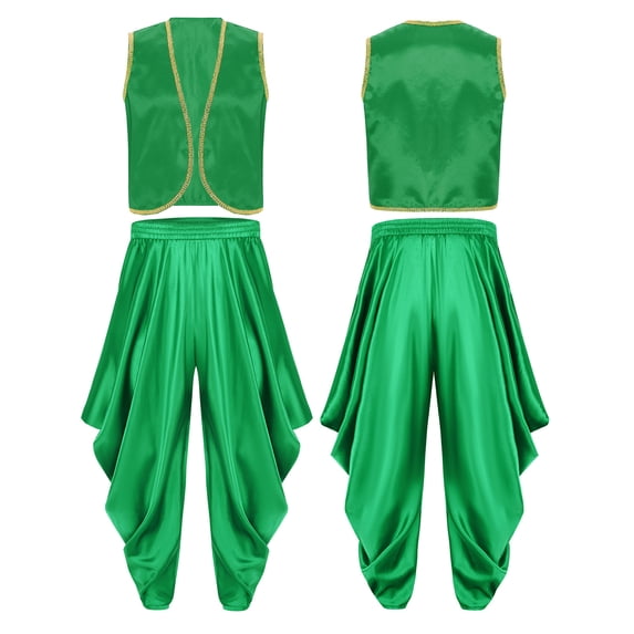 Aislor Men Character Arabian Prince Vest Outfits Open Front Waistcoat Top With Harem Pants Set Green XL