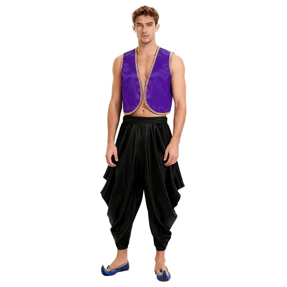 Aislor Men Character Arabian Prince Vest Outfits Open Front Waistcoat Top With Harem Pants Set Purple Black 3XL