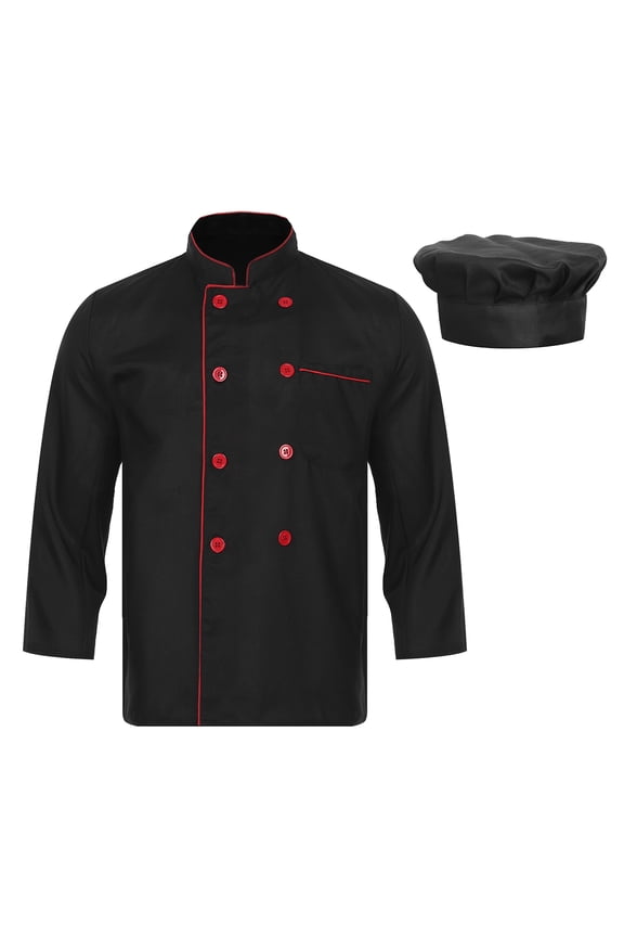 Men Classic Kitchen Coat with Hat Long Sleeve Double Button Chef Shirt Canteen Bakery Uniform Black L