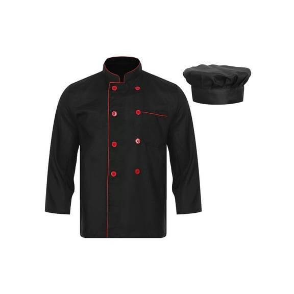 Aislor Men Classic Kitchen Coat with Hat Long Sleeve Double Button Chef Shirt Canteen Bakery Uniform Black M