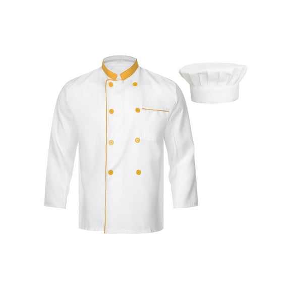 Aislor Men Classic Kitchen Coat with Hat Long Sleeve Double Button Chef Shirt Canteen Bakery Uniform Yellow M