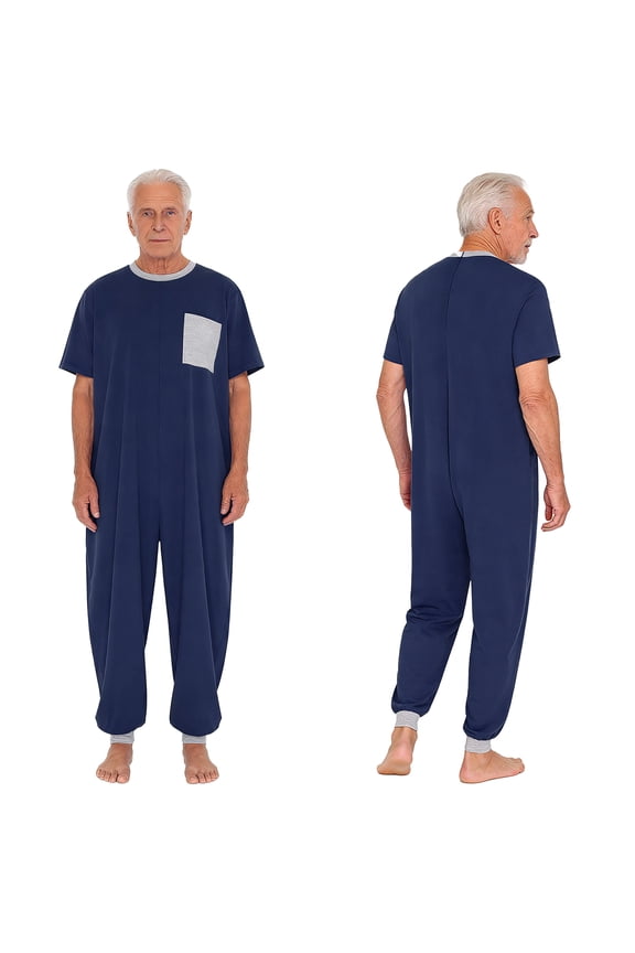 Men Elderly Special Needs Patients Anti-strip Adaptive Jumpsuit Short Sleeve One-piece Rompers Navy Blue XL