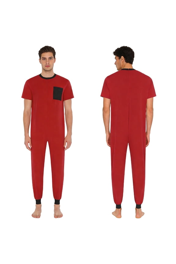 Men Elderly Special Needs Patients Anti-strip Adaptive Jumpsuit Short Sleeve One-piece Rompers Red XL
