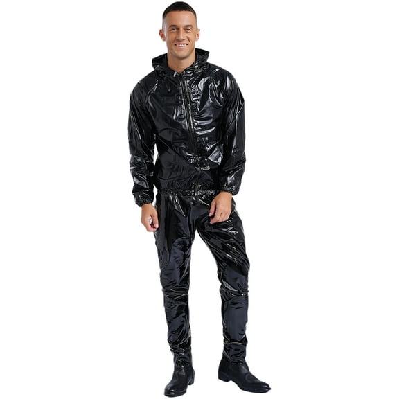 Aislor Men Heavy Duty Sauna Sweat Suit PVC Hooded Shirt and Trousers Weight Loss Slimming Tracksuit Black XXL