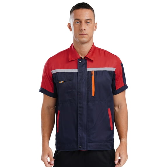 Aislor Men Long Sleeves Color Block Cargo Reflective Stripes Shirt with Pockets Zipper Front Work Red&Navy Blue 185/3XL