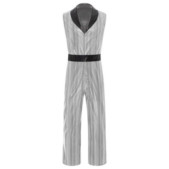 Aislor Men Retro 70's 80s Disco Costume Shiny Metallic Plaid Print Jumpsuits Sleeveless Bodysuit Silver M