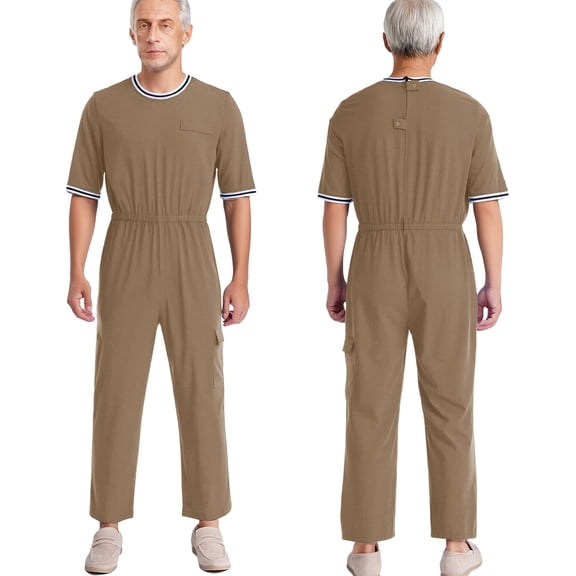 Aislor Men Senior Adult Alzheimer Anti-Strip Jumpsuit Examination Scrubbing Acupuncture Half Sleeve Khaki Flap Pocket XXL