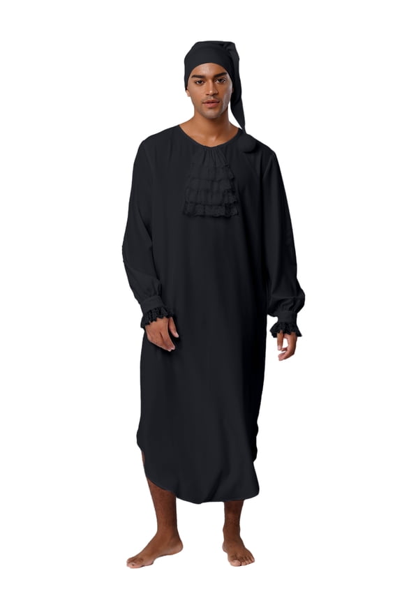 Men Victorian Long Sleeve Lace Trim Ruffles Collar Night-Robe with Nightcap Black S