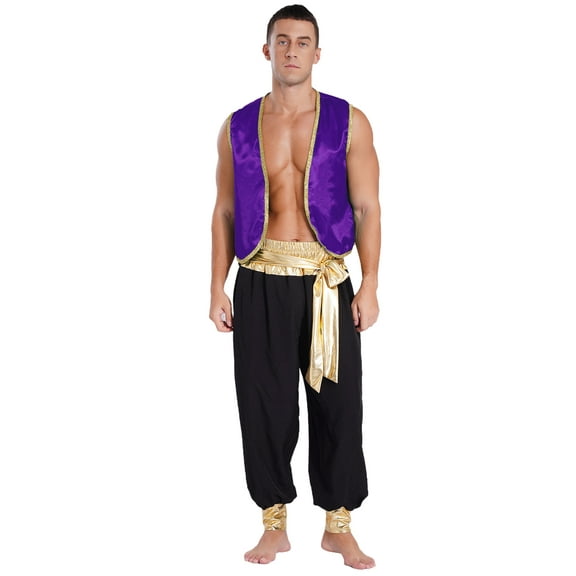Aislor Men's 2Pcs Arabian Prince Halloween Cosplay Costume Carnival Theme Party Clubwear Fancy Dress Dark Purple&Black L