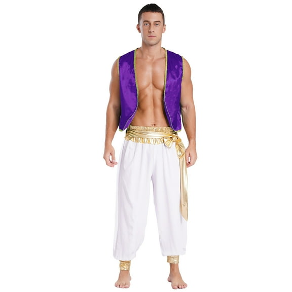 Aislor Men's 2Pcs Arabian Prince Halloween Cosplay Costume Carnival Theme Party Clubwear Fancy Dress Dark Purple&White M
