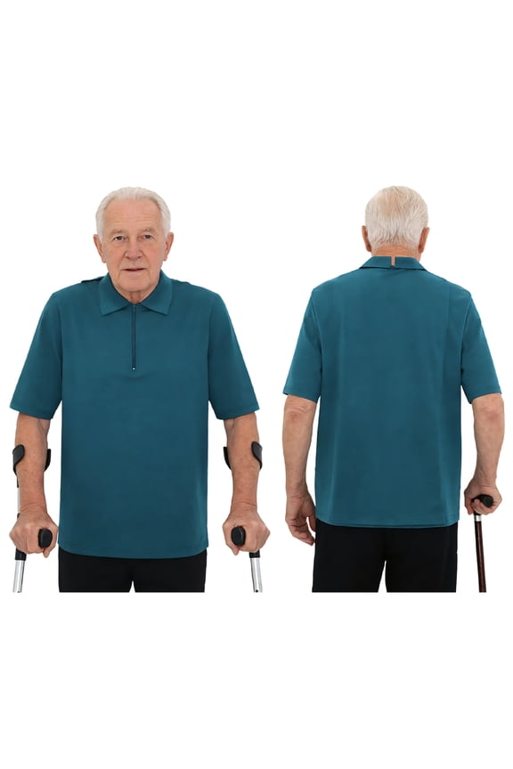 Men's Adaptive Open Back T-shirt with Full Back Overlap Post Shoulder Surgery Shirt Recovery Shirts Dark Blue S